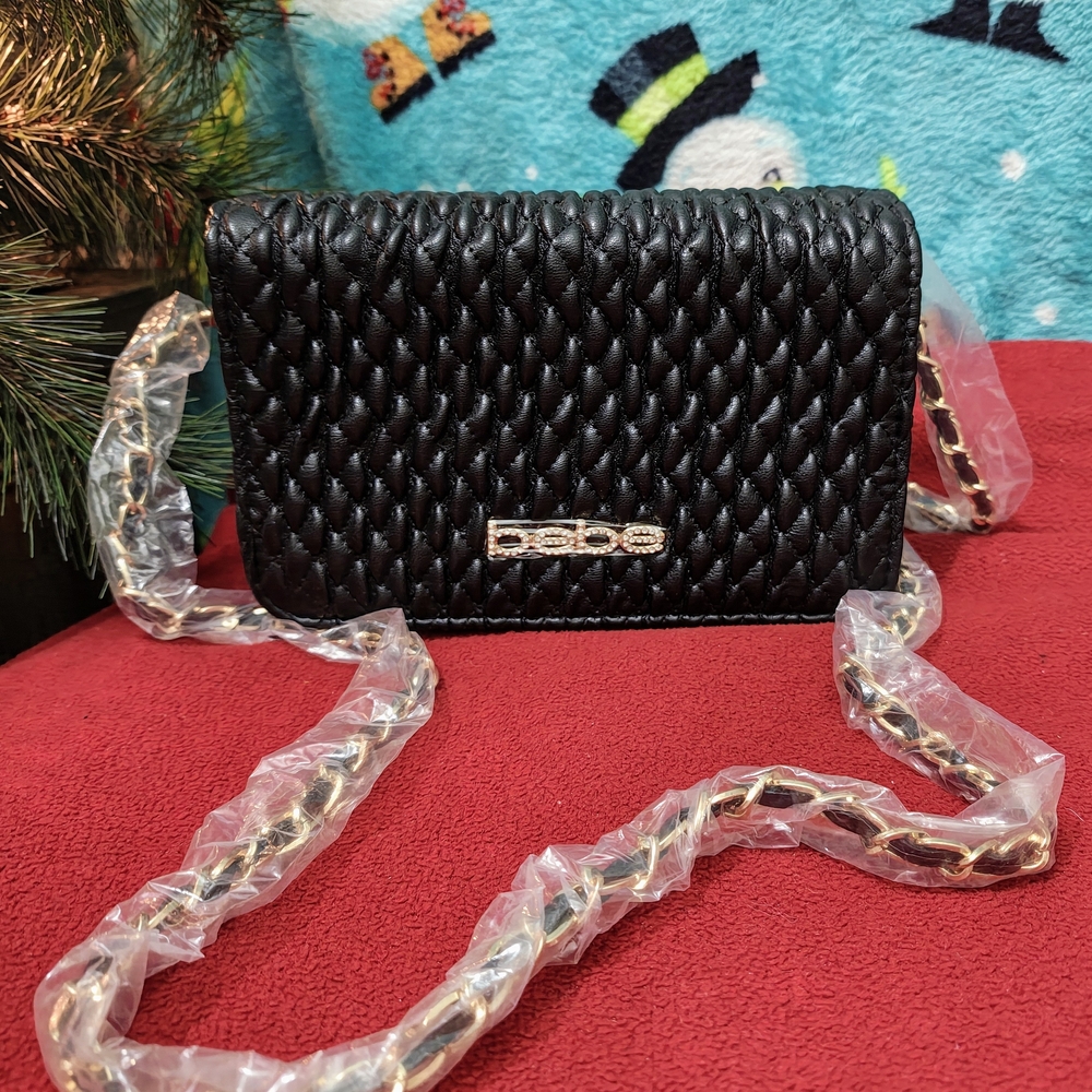 Bebe Quilted Black Crossbody Bag with Gold Chain